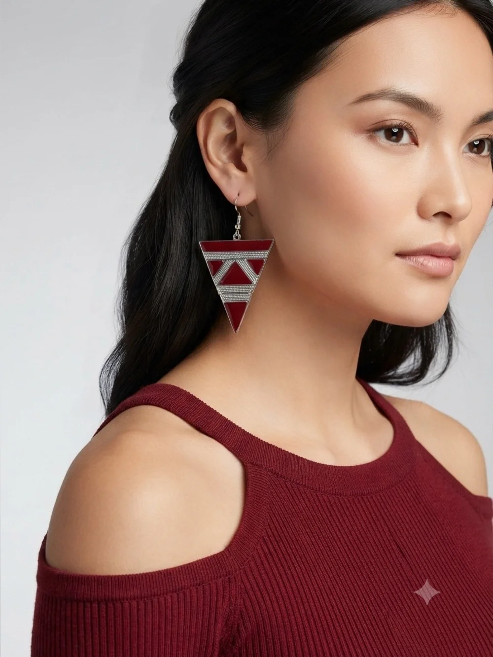 Red Silver Triangle Drop Earrings | Geometric Art Deco Statement